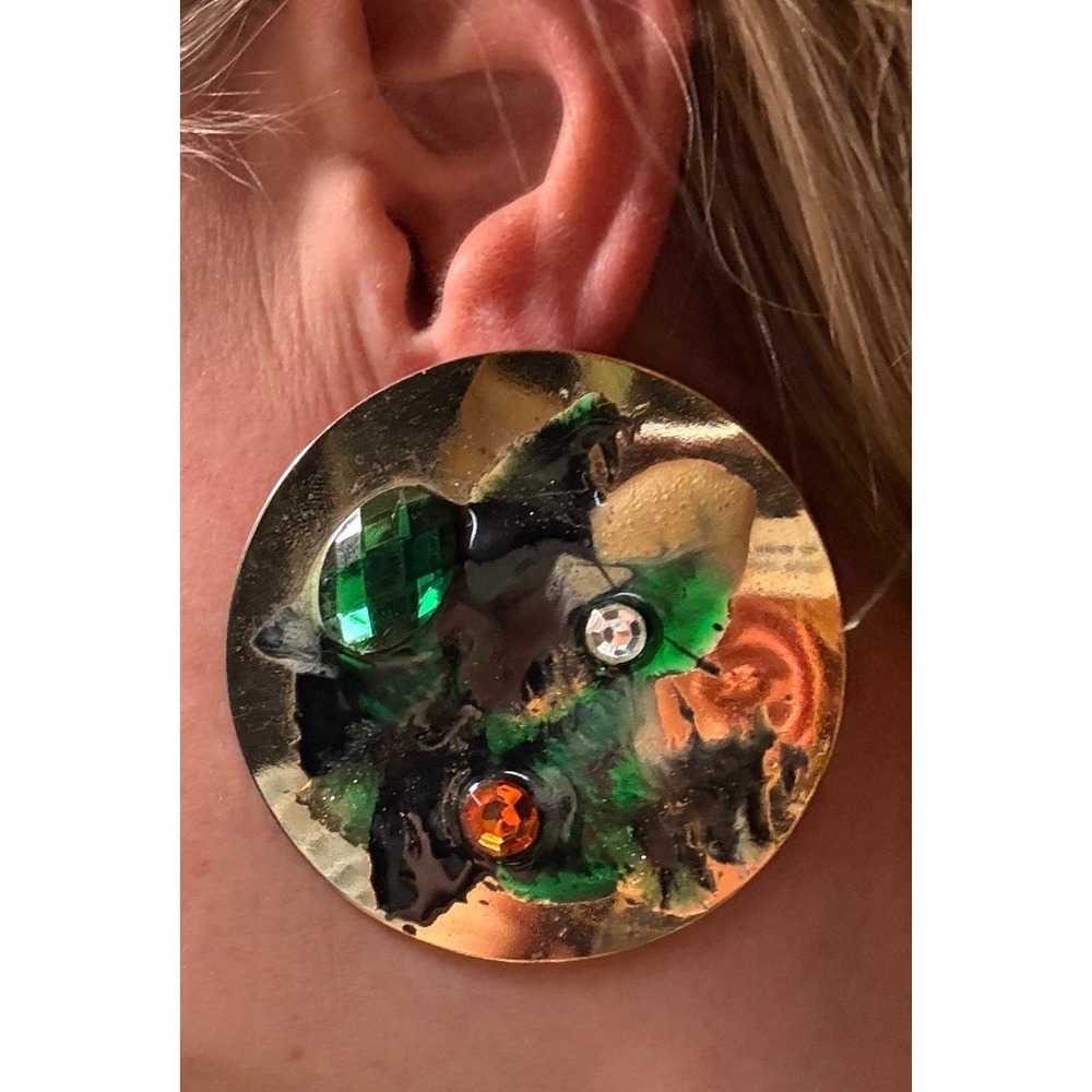Art Deco Statement Earrings Womens Bold Green Gold Good Abstract Resin Oversized - Picture 3 of 7